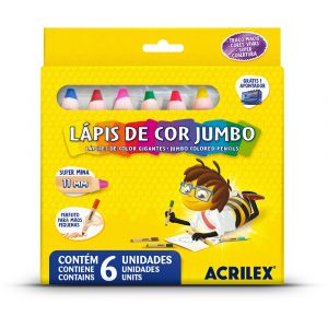 Lápis de Cor Jumbo 06 Cores Mina 11mm +1 Apontador Acrilex 