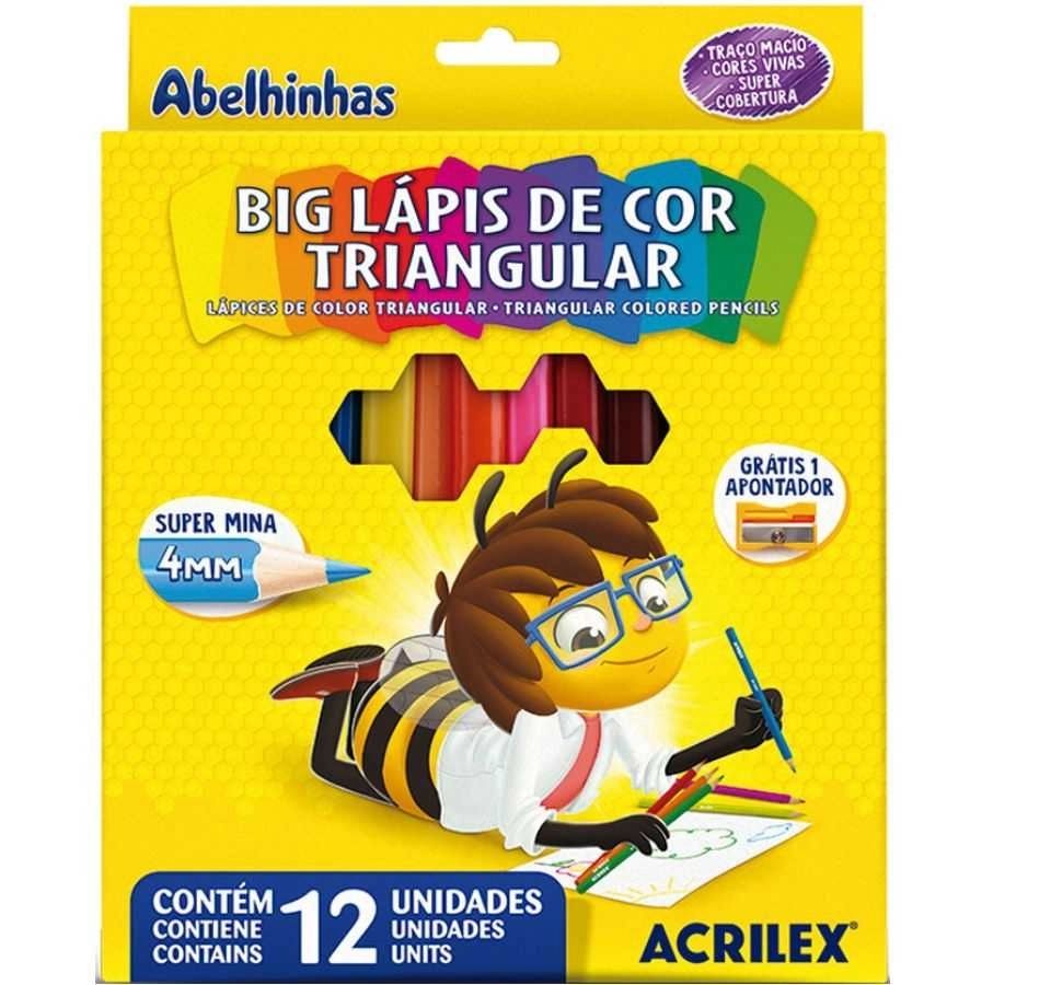 Lápis de Cor Jumbo 12 Cores Triangular +1 Apontador Acrilex