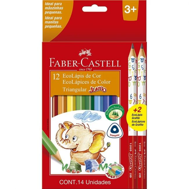 Lápis de Cor Jumbo 12 Cores Triangular + 2 Lápis Jumbo Grafite Faber Castell 